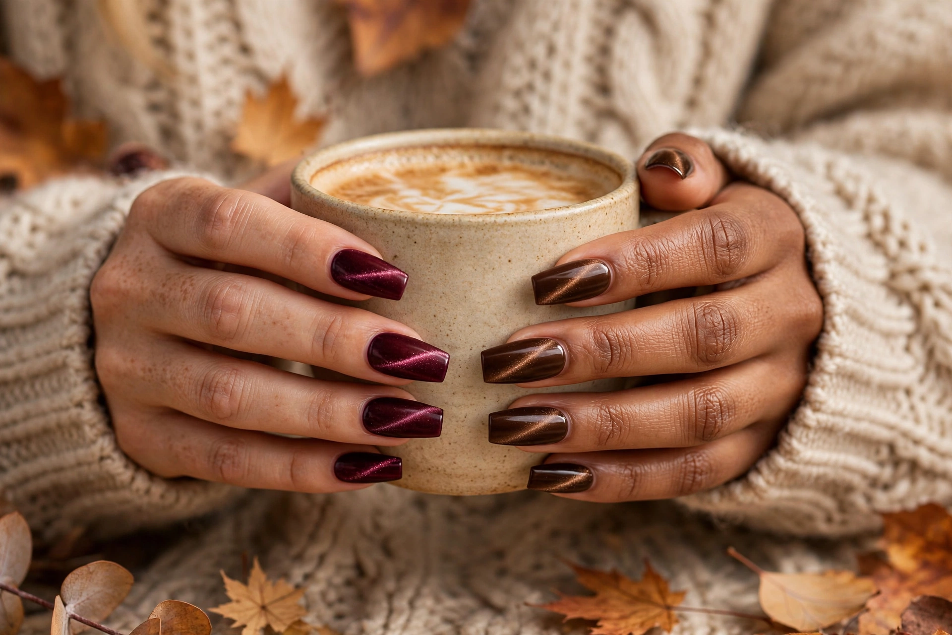 Woman's hands with burgundy and espresso velvet cat eye manicures holding a ceramic coffee cup on a cozy knit sweater.