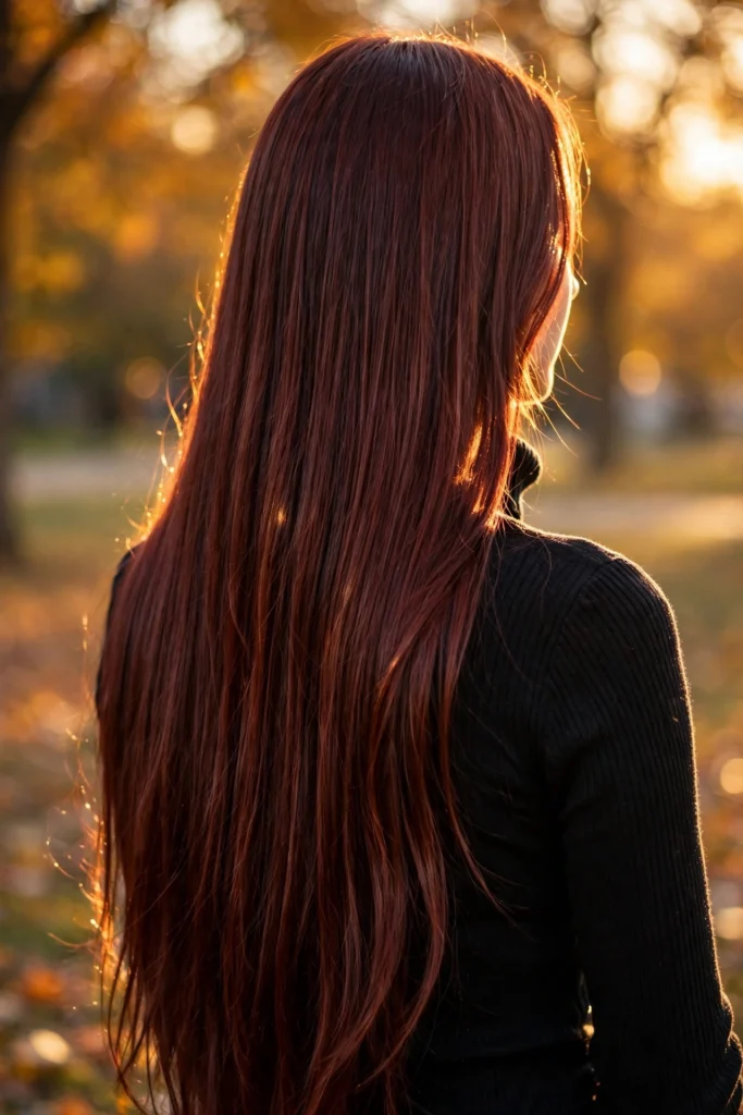 Cherry cola hair from behind — long glossy deep red brown hair catching golden light.