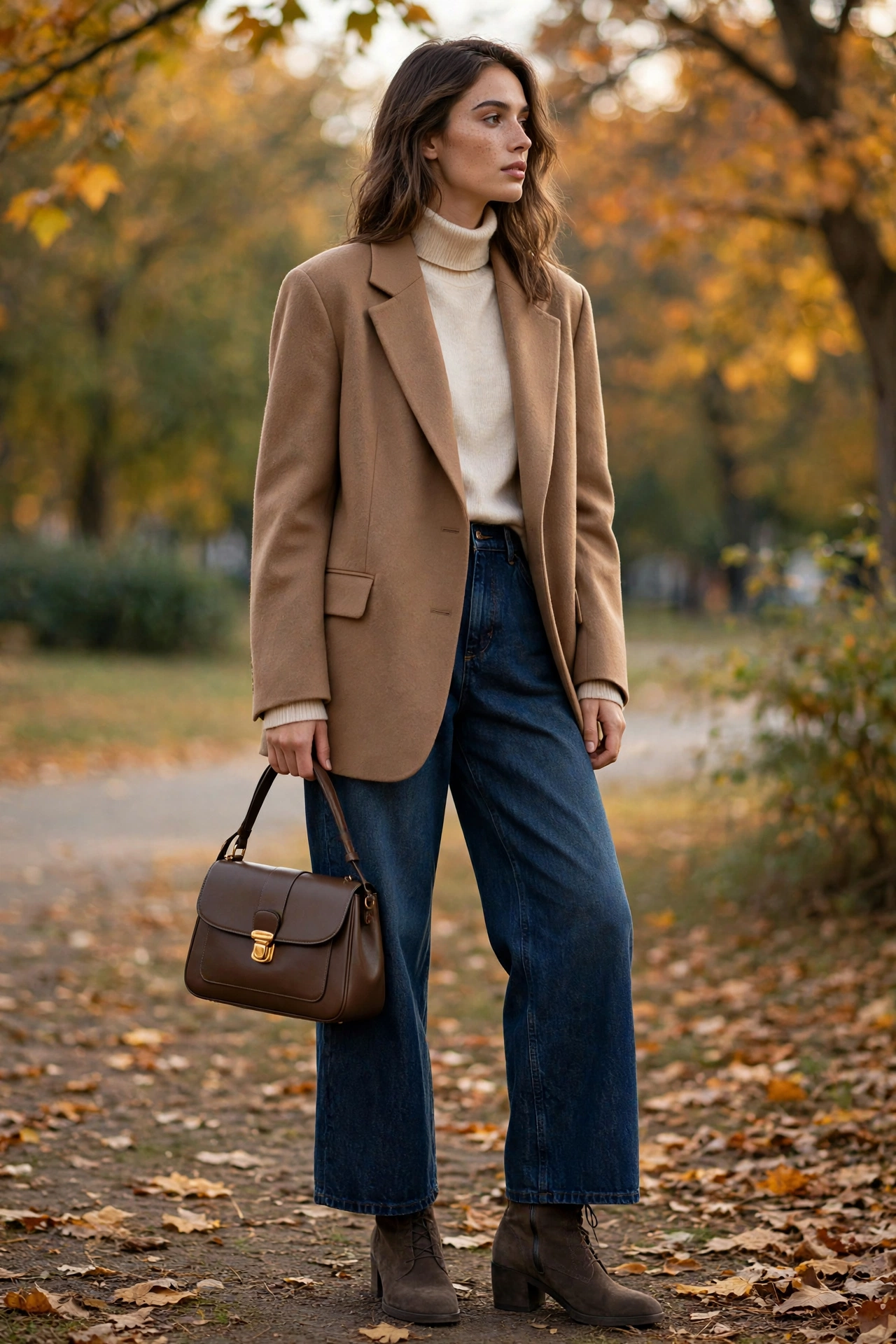 Woman in cozy fall 2026 layers — oversized camel blazer, cream turtleneck, wide-leg jeans and suede ankle boots.