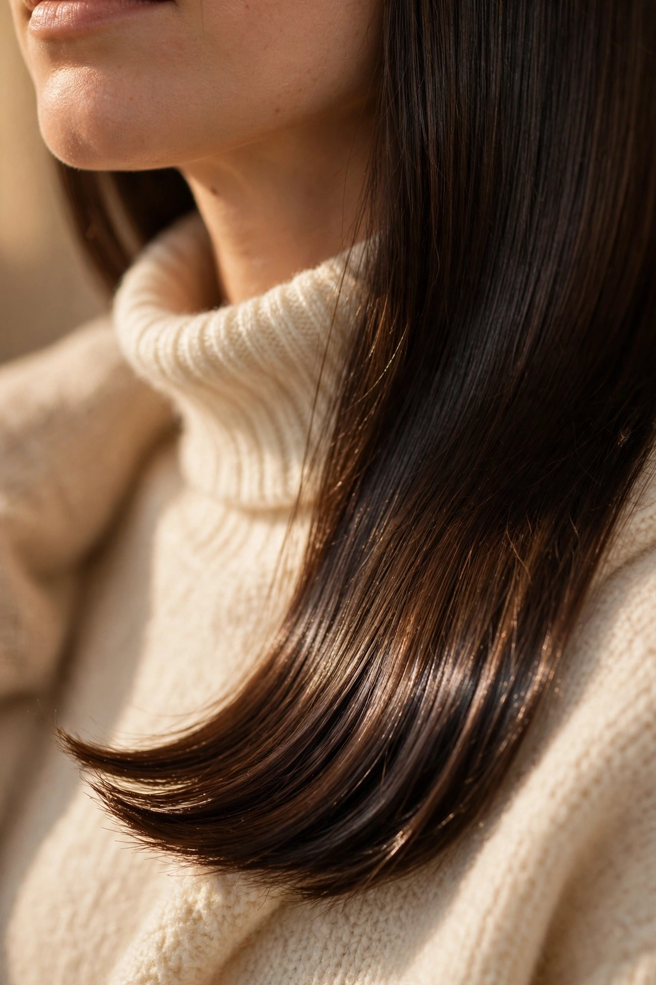 Close-up of sleek glossy glass hair ends from a salon blowout, frizz-free brunette hair with mirror-like shine.