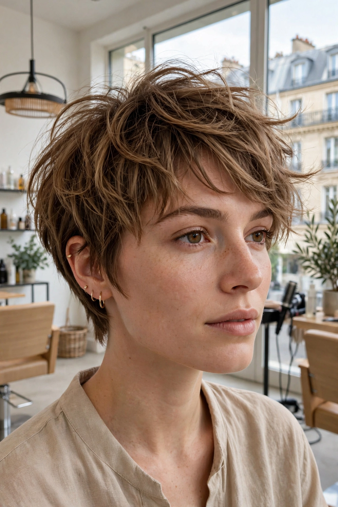 Tousled bixie haircut 2026 — textured short bob-pixie hybrid with soft movement