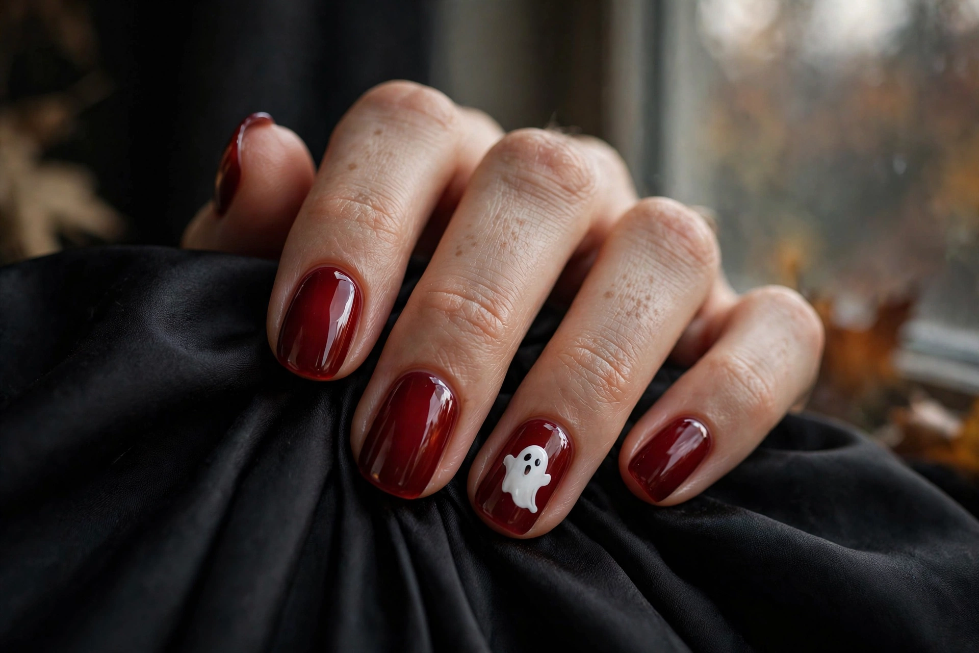 Vampy oxblood jelly halloween nails 2026 with ghost accent nail