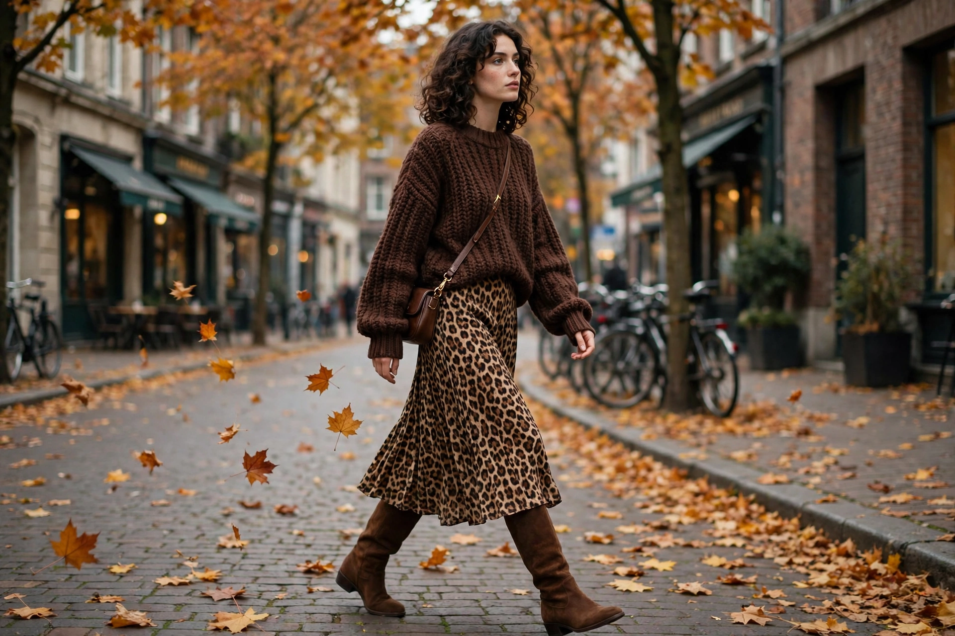 How to wear leopard print fall 2026 — leopard midi skirt with chunky chocolate knit and brown boots