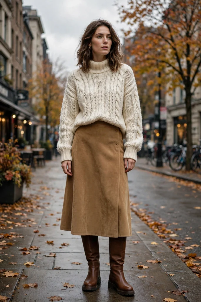 Suede outfits fall 2026 — tan suede midi skirt with chunky cream knit and tall brown boots.