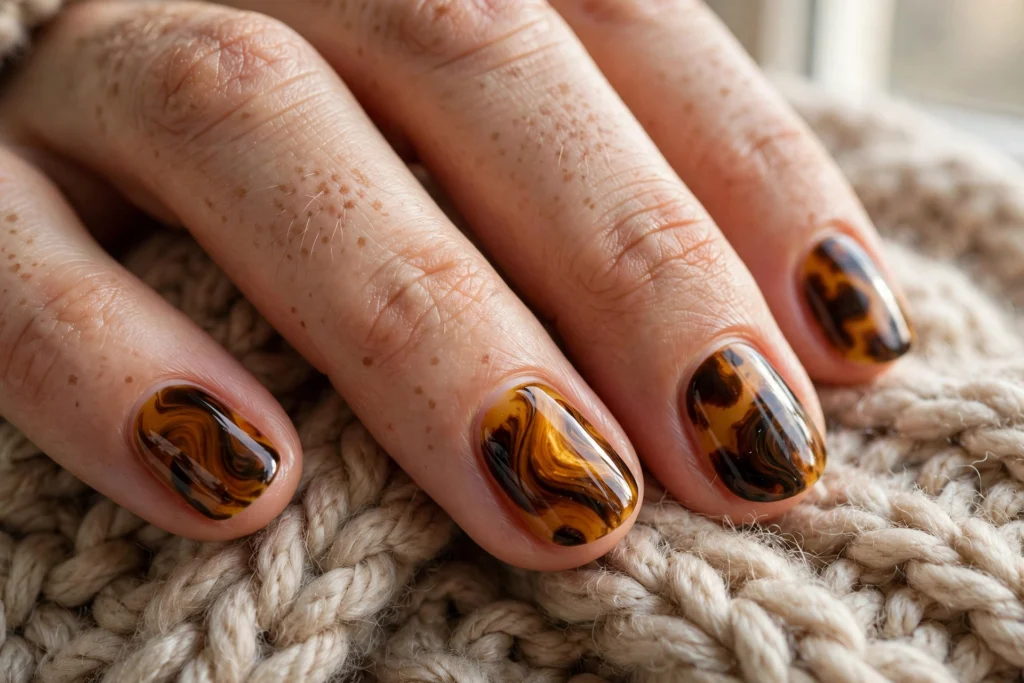 Tortoiseshell nails close-up — glossy amber and espresso marbling on short oval nails.