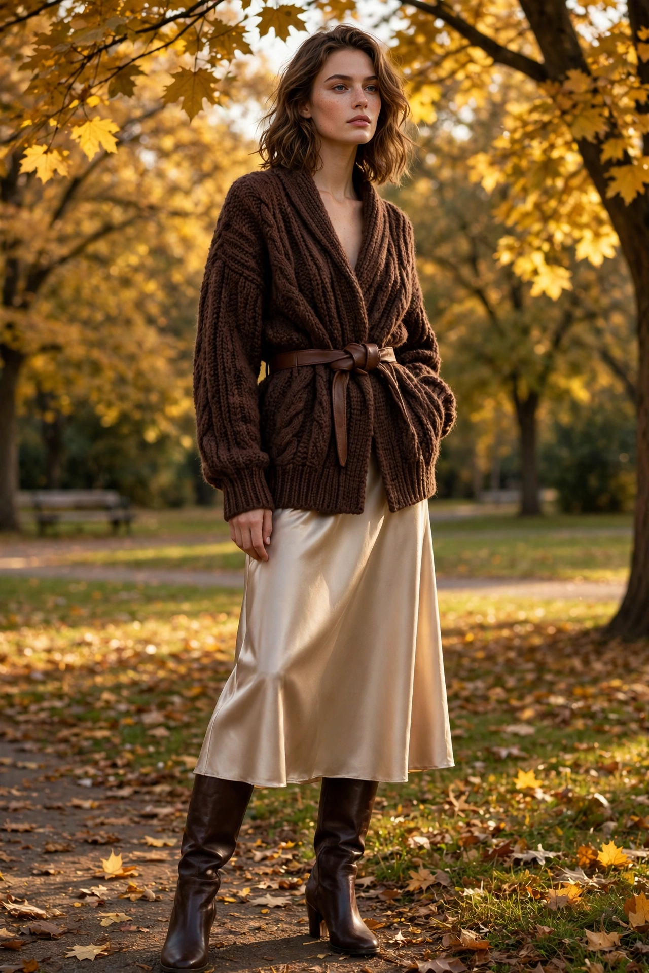 Cardigan outfits fall 2026: woman wearing a belted chocolate brown cardigan over a champagne satin midi skirt in autumn sunlight.
