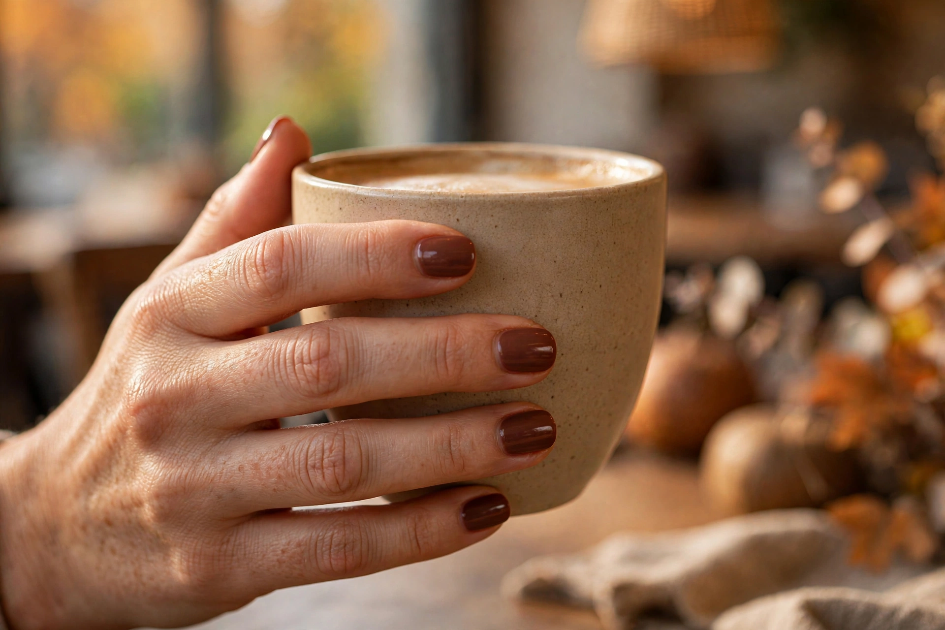 Cherry mocha nails holding a coffee cup in warm autumn light