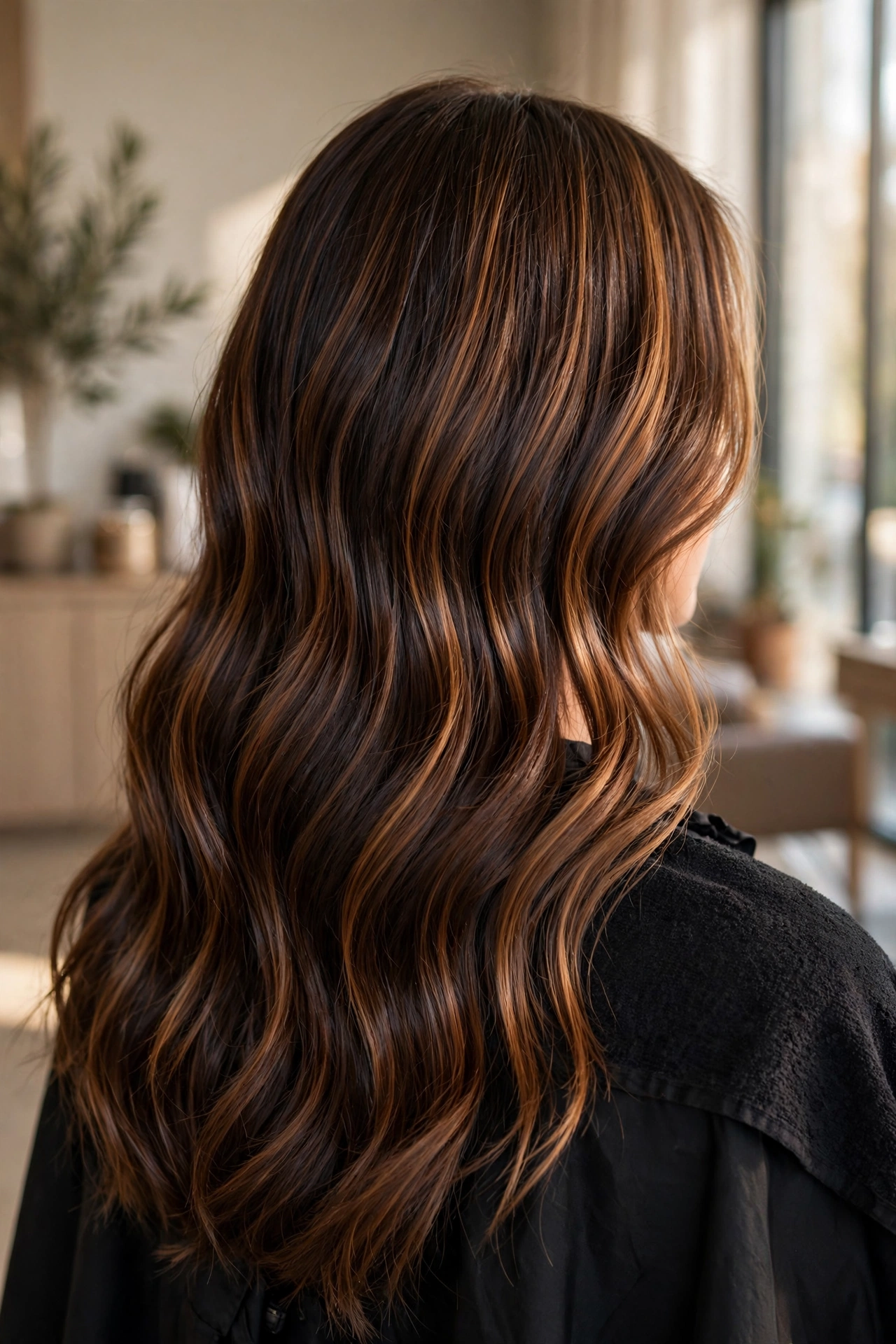 Back view of chocolate brunette hair with warm caramel ribbons, one of the fall 2026 hair color trends.