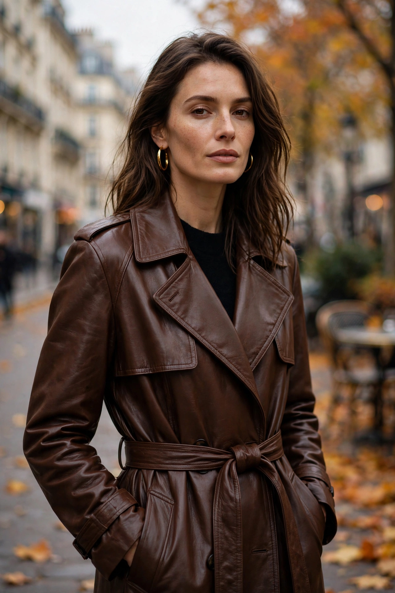 Espresso leather trench coat belted at the waist in fall street style