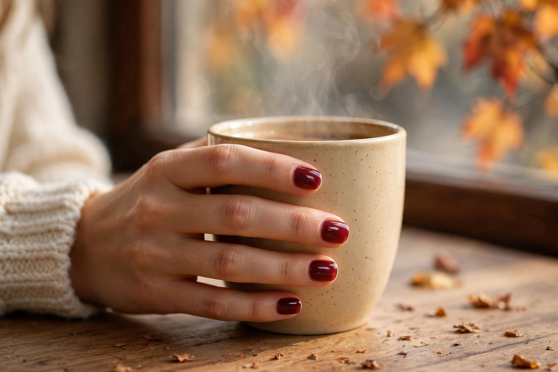 Burgundy jelly nails wrapped around a coffee cup in autumn.
