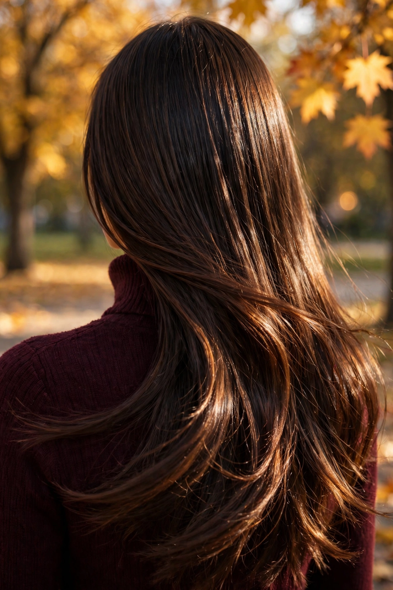 Back view of deep espresso gloss hair with mirror shine.