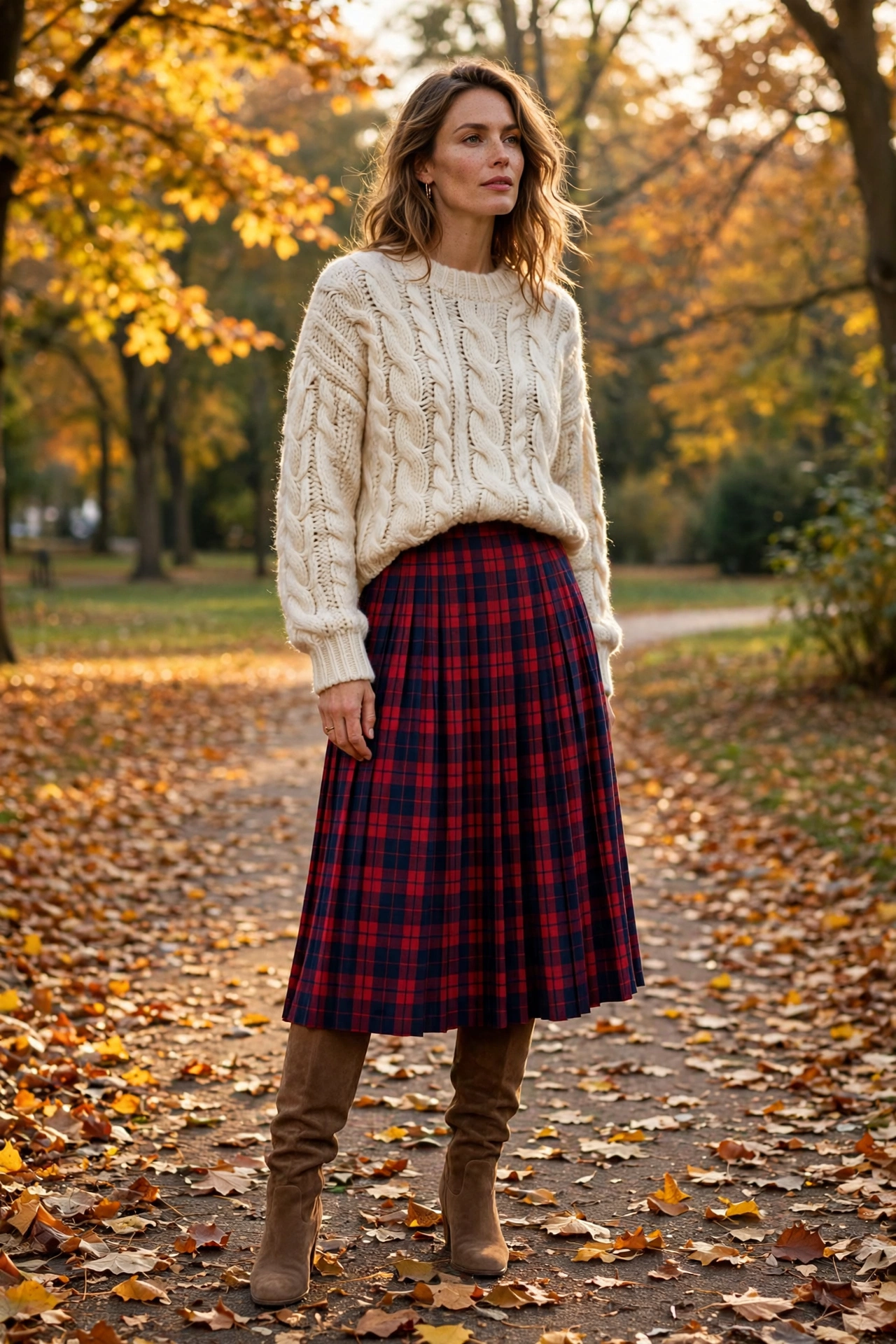 Red and navy plaid skirt fall outfit with knit sweater 2026.