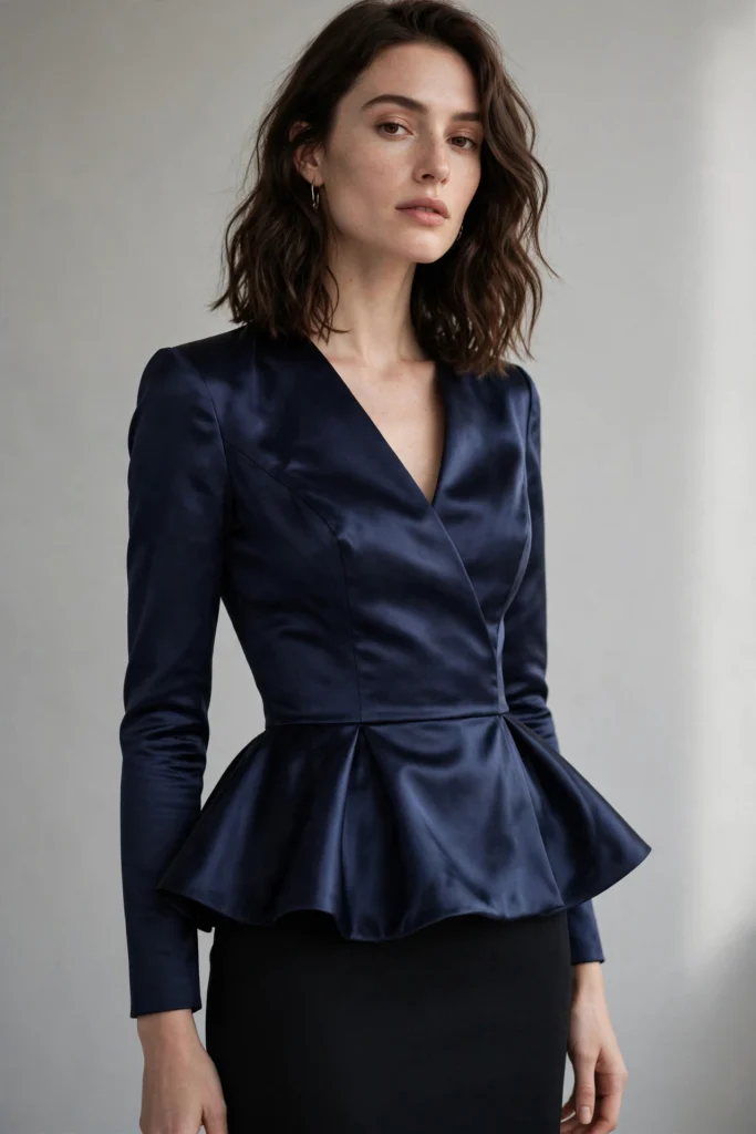 A deep navy satin peplum evening top styled for fall 2026.