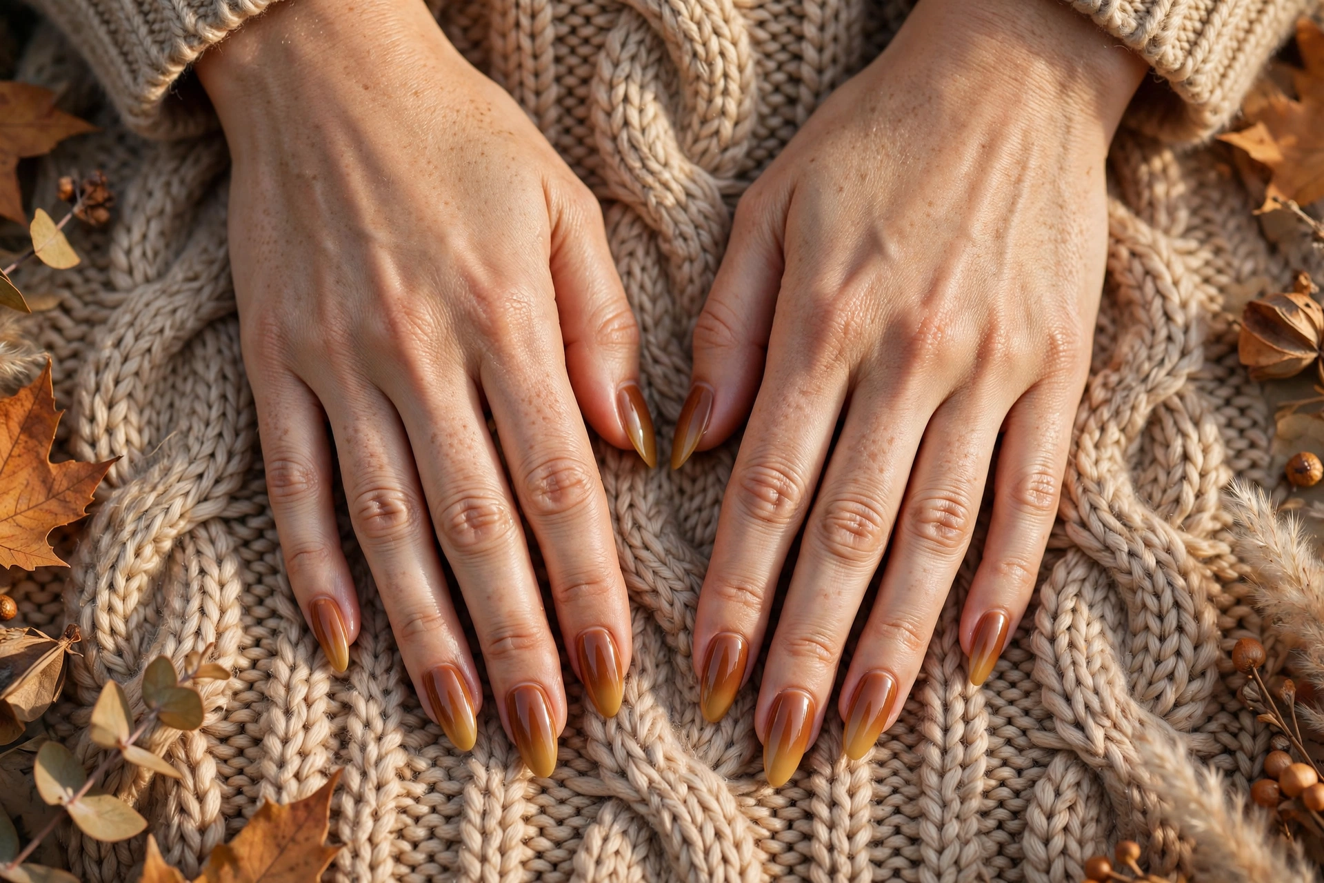 Woman's hands with cinnamon to caramel ombre pumpkin spice nails resting on a cable knit sweater.