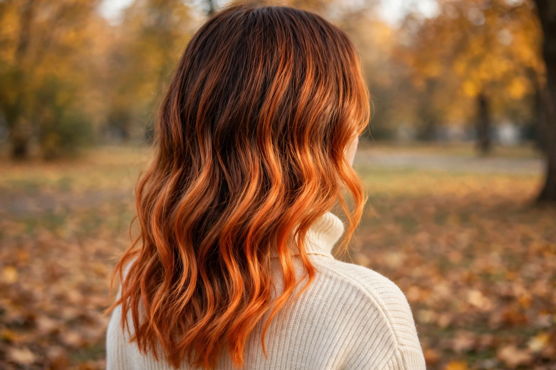 Back view of woman with copper balayage waves melting from warm brown roots to bright copper ends.