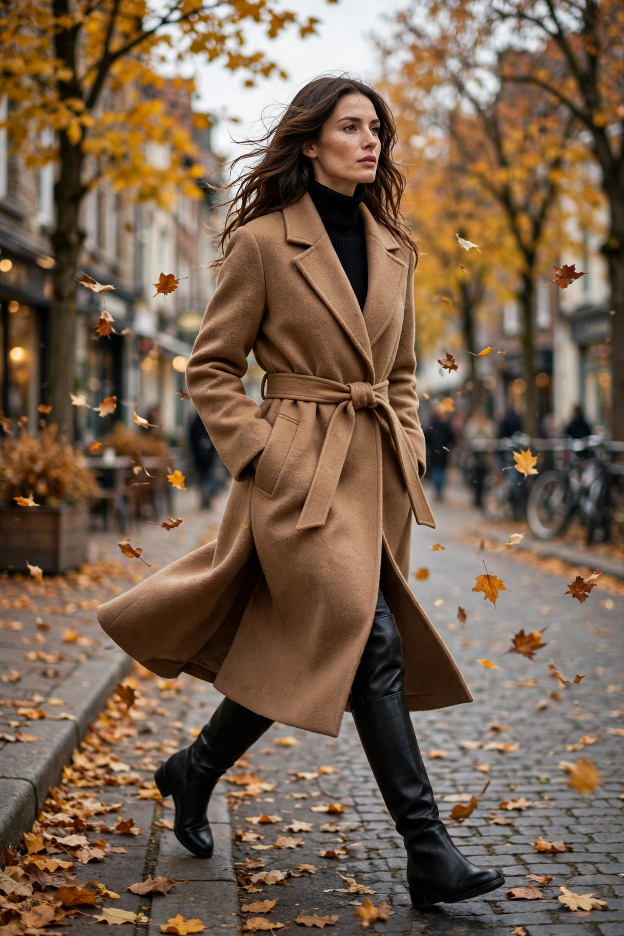 Woman in a camel wool belted statement coat with knee-high boots, a statement coats fall 2026 look.