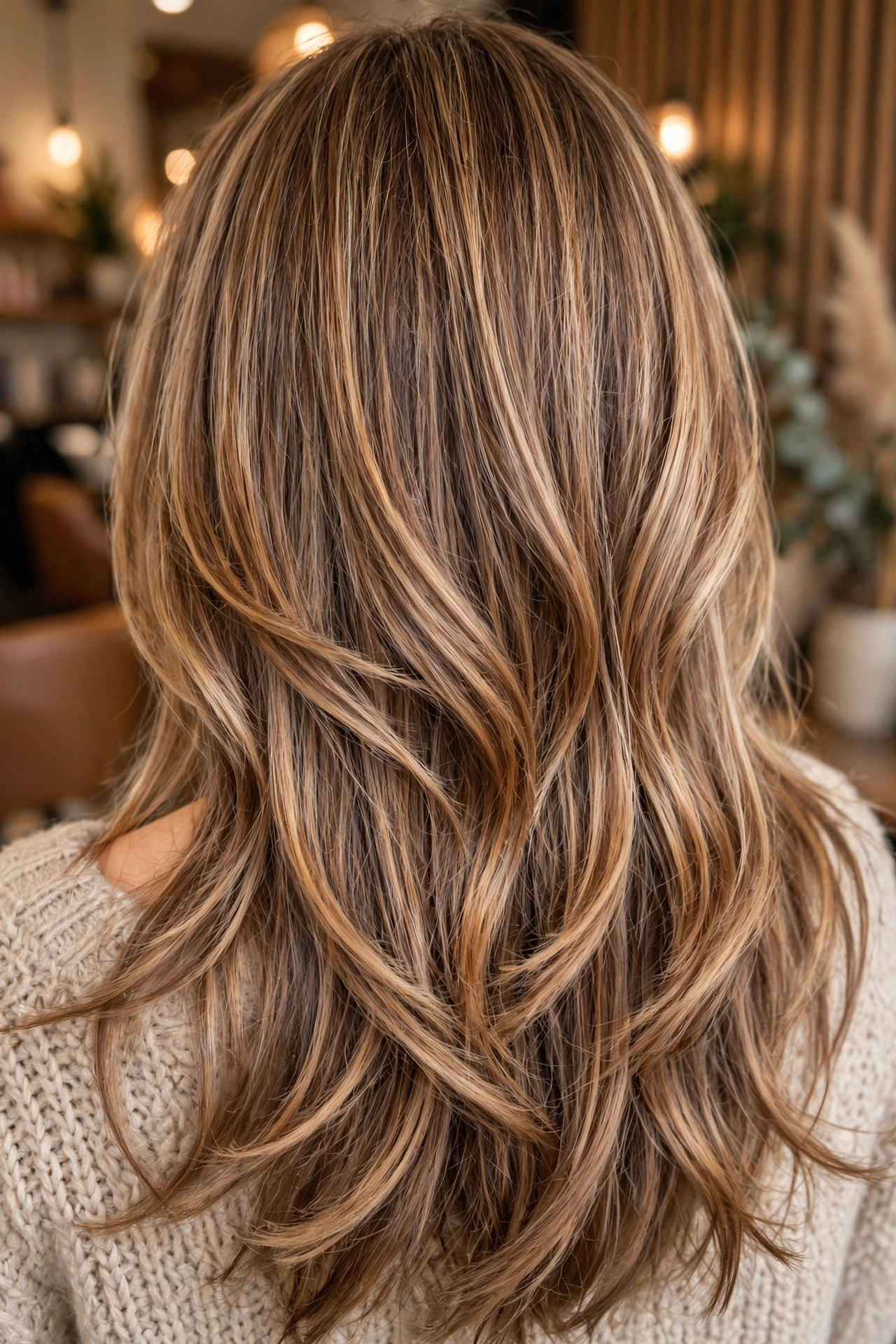 Teddy bear bronde balayage showing caramel dimension on long layered hair