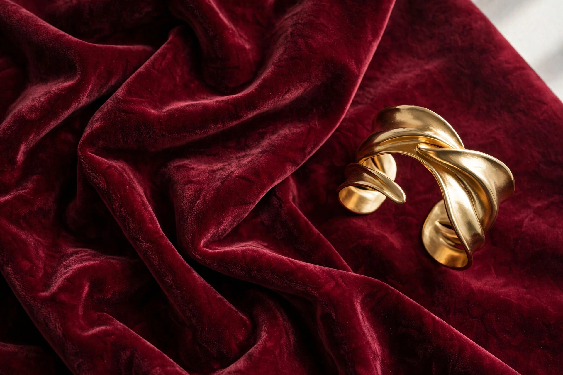 Burgundy velvet fabric detail with a sculptural gold cuff bracelet, a velvet outfits fall 2026 accessory pairing.